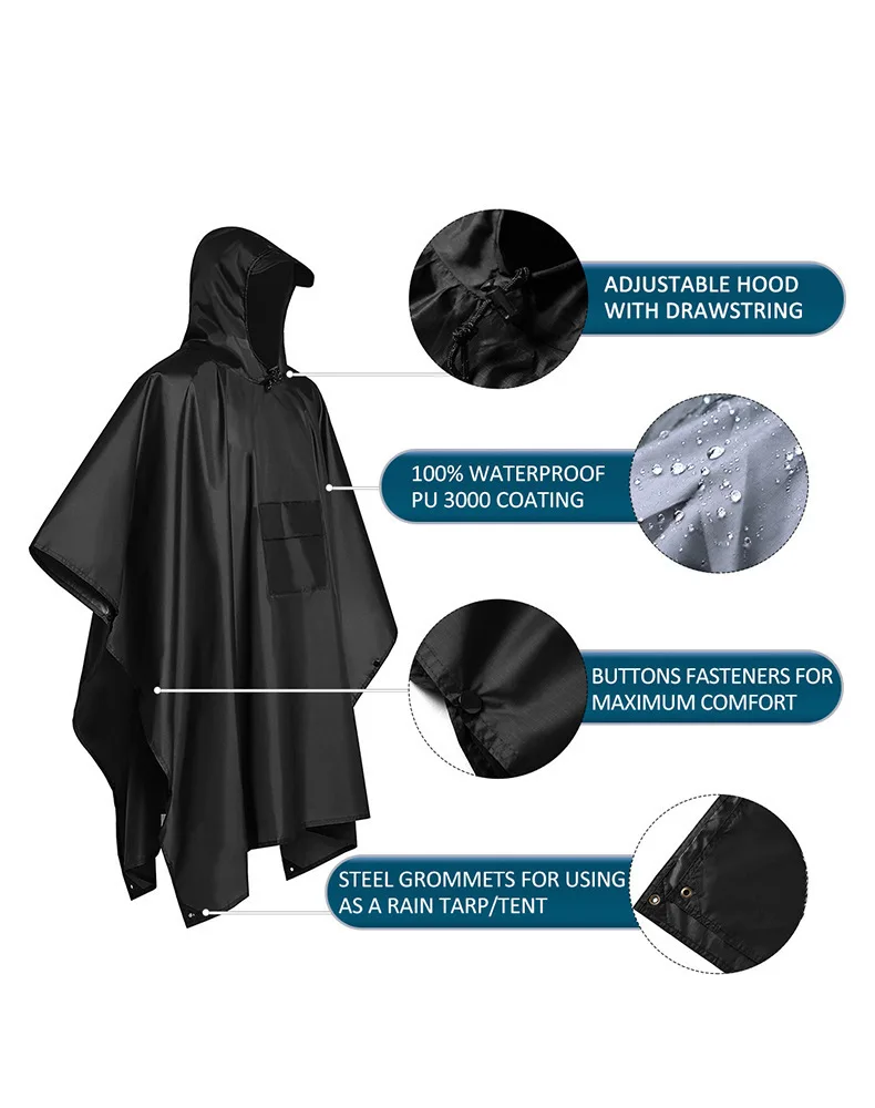 Camping Rain Poncho - 2026年 キャンプ・ハイキング用 3-in-1 防水フード付きレインポンチョ 袖付き 多機能アウトドアレインギア